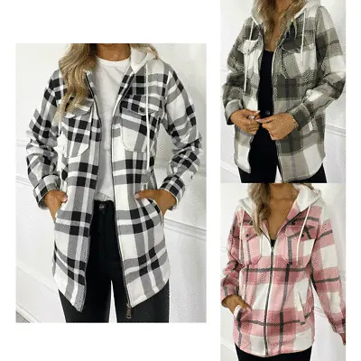 Buy Hooded Women's Ladies Check Baggy Long Sleeve Shacket Top Shirt Blouse Jacket  • 18.99£