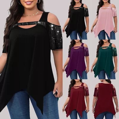 Buy Plus Size 18-30 Womens Sexy Cold Shoulder Tunic Tops Sequin Party T Shirt Blouse • 3.49£
