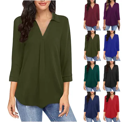 Buy Womens Tops Summer Chiffon Solid V Neck 3/4 Sleeve T Shirt Blouse Baggy Casual • 10.79£