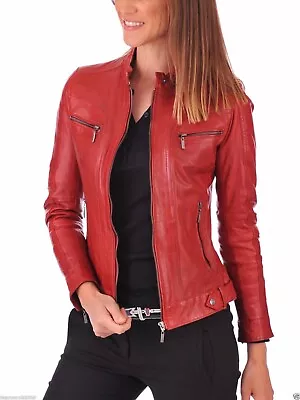 Buy Women's Slim Fit Red Leather Jacket Biker Style Genuine Lambskin Leather Jacket • 87.15£