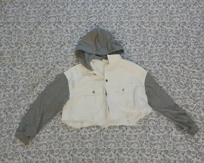Buy Cropped Jean Jacket With Sweatshirt Sleeves And Hood Size LARGE NWOT • 14.46£