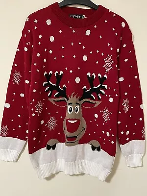 Buy Mens Red Christmas Jumper Reindeer Rudolf White Spotted Snowflake Size S/M • 9.50£