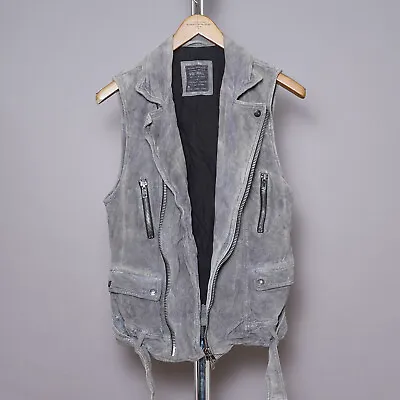Buy All Saints Mens VENOM Leather Jacket SMALL Suede Grey Biker Vicious Sleeveless • 219.99£