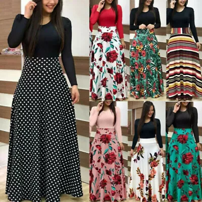 Buy Women's Long Sleeve Boho Floral Maxi Dress Casual Party Cocktail Splice Dress • 13.07£