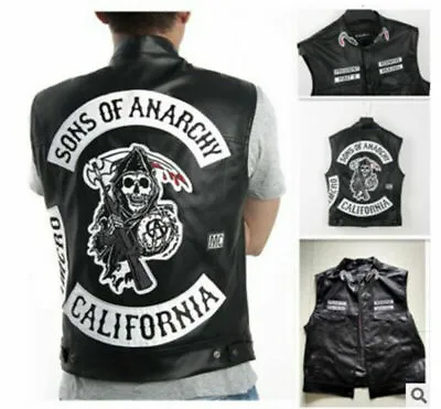 Buy Mens Sons Of Anarchy Vest Leather Jacket Motorcycle SOA Vests Jackets Tops 2021 • 8.39£