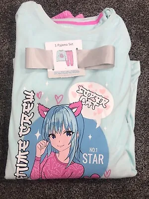 Buy BNWT Primark Anime Crew Blue Pink Long Sleeve Fleece Girls Pyjamas Age 14-15 • 16£