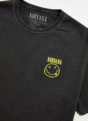 Buy Nirvana Embroidered Smiley Face Washed Black Tee Official Merch Large Unisex New • 37.47£