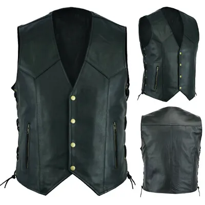 Buy Men Waistcoat Black Motorcycle Vest Biker Side Lace Braided Vest PU Leather • 17.08£