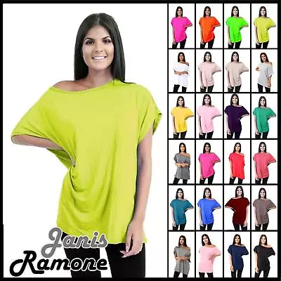 Buy Womens Oversized T-Shirt Off Shoulder Top Plain Slash Neck Summer Bardot T-Shirt • 9.99£