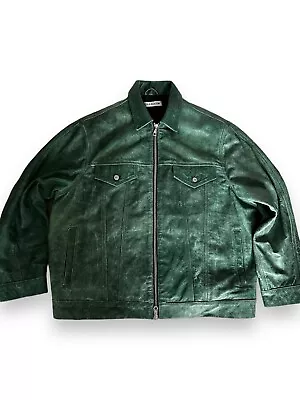Buy Cole Buxton Leather Trucker Jacket Green XL • 102£