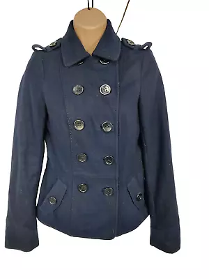 Buy Womens H&m Navy Blue Classic Double Breasted Pea Coat / Jacket Smart Size Uk 8 • 11.99£