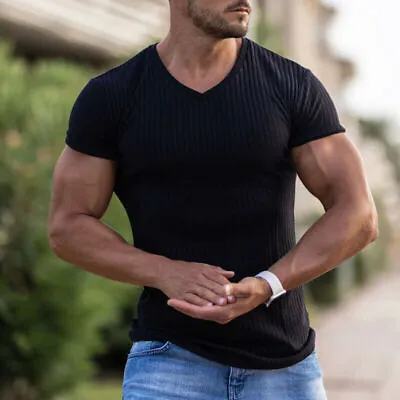 Buy Mens Ribbed V-Neck Short Sleeve T-Shirt Casual Sports Slim Fit Muscle Tee Tops • 13.59£