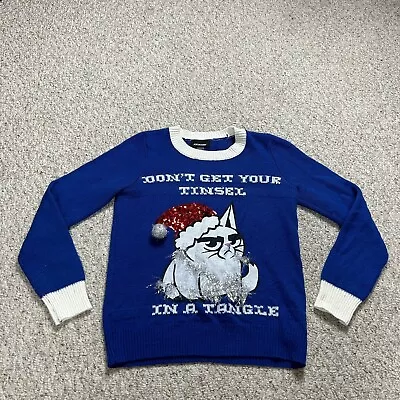 Buy Joe Boxer Grumpy Cat Ugly Christmas Sweater Womens S Blue Knit Tinsel Santa • 29.10£