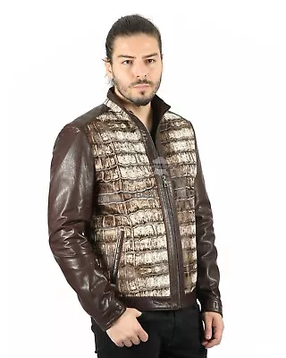 Buy Men’s Brown Cow Hair On Hide With Crocodile Print Front Real Leather Napa Jacket • 260.44£