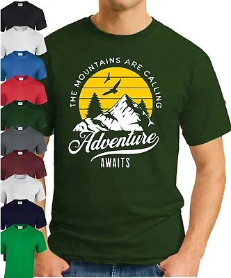 Buy THE MOUNTAINS ARE CALLING ADVENTURE AWAITS T-SHIRT Novelty Gift Walker Hiker Top • 9.49£