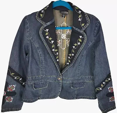 Buy DARK WASH Embroidered Studded Denim Jean Jacket Cropped L • 32.78£