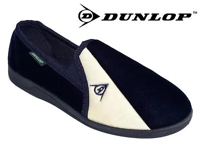 Buy Mens Dunlop Full Slippers Velour Two Tone Twin Gusset Comfy Warm Navy Cream • 13.99£