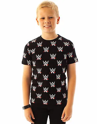 Buy WWE Wrestling All Over Print Boys Kids Black Logo T-shirt • 11.95£