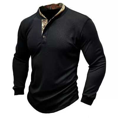 Buy Mens Long Sleeve Henley T-shirt Casual Grandad V Neck Button Shirts Tops • 14.59£