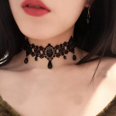 Buy Gothic Black Choker Necklace Womens Crystal Tassel Lace Choker Halloween Jewelry • 4.86£