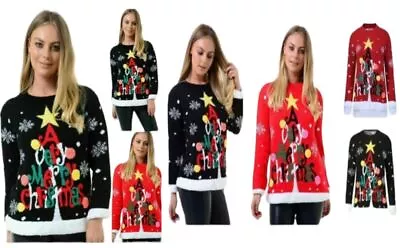 Buy Ladies Knitted A Very Merry Christmas Novelty Long Sleeve Xmas Tree Pom Jumper • 13.99£