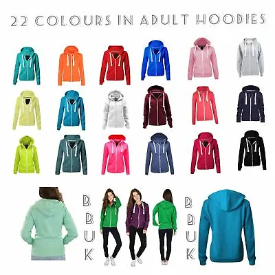Buy Ladies Womens Plain Zip Up Hoodie Sweatshirt Fleece Jacket Hooded Top UK 8 To 22 • 7.50£