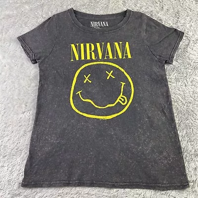 Buy Nirvana Shirt Smiley Face Womens Small Black Short Sleeve Tee Music Grunge Rock • 7.66£