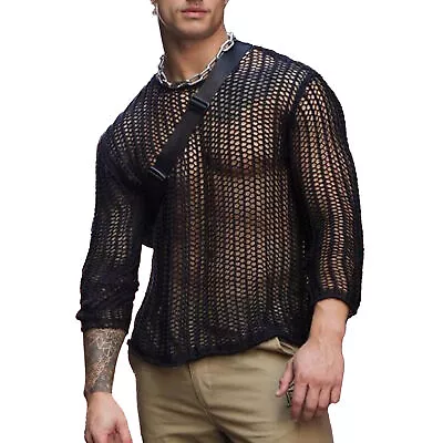 Buy (XXL-Black) Men Muscle Transparent Shirts Long Sleeve Mesh Singlet • 14.76£