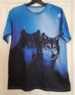 Buy Men's T-shirt SMALL Wolves Blue All Over Print Front & Back • 2.85£