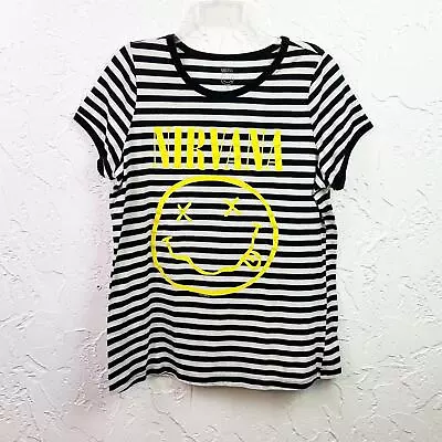Buy Torrid Nirvana Smiley Face Black White Striped Short Sleeve Graphic T-shirt  • 17£