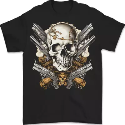 Buy A Skull With Guns Cowboy Biker Mens T-Shirt 100% Cotton • 8.49£