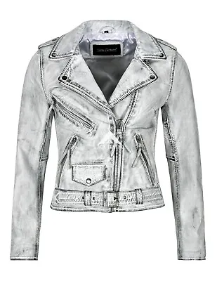 Buy Ladies Gothic Biker Leather Jacket Fashion White Vintage Waxed Distressed Jacket • 97.58£