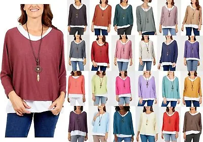 Buy Ladies New Italian Lagenlook Plain Double Layer Womens Knit Necklace Jumper Top • 17.99£