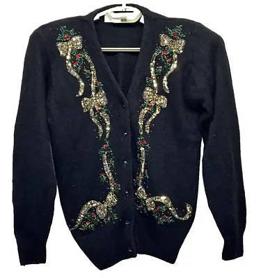 Buy Karen Scott Black PS Silk Angora Lambswool Christmas Sequin Beaded Cardigan Bows • 31.26£