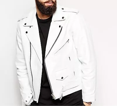 Buy Men's Slim Fit Leather Jacket Biker Genuine Lambskin White Leather Jacket • 88£