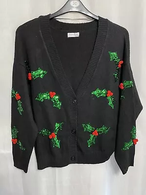 Buy -126 Papaya Sz L 16/18 Black Knit Sequin Pompom&Holly Festive Xmas Cardigan • 25£
