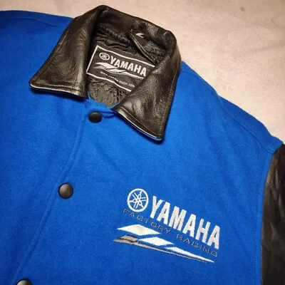 Buy YAMAHA FACTORY RACING Blue And Black Leather And Wool Varsity/Racing Jacket • 150£