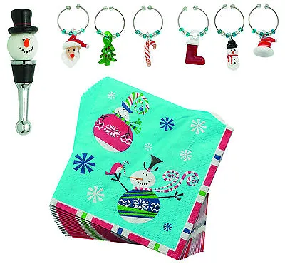 Buy  Set/8 Ugly Sweater Snowman Napkins Wine Charms & Wine Stopper Holiday Set 26244 • 16.32£