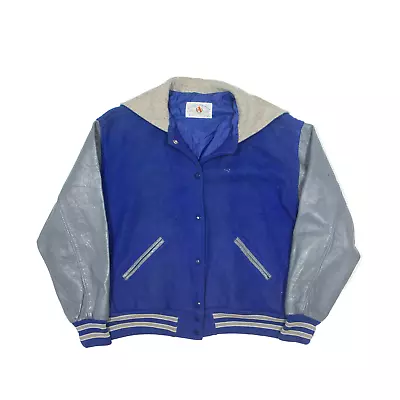 Buy Vintage TM ATHLETICS Real Leather Sleeves Varsity Jacket Blue Wool 80s Womens XL • 34.99£