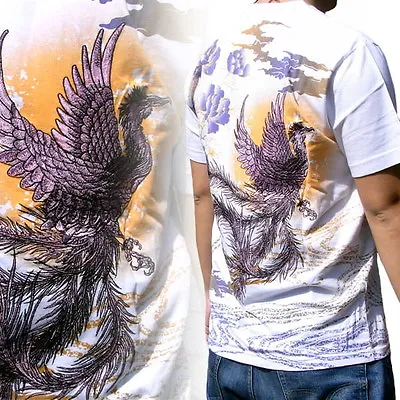 Buy Mens T-Shirt High Quality Japanese Pattern Embroidery Totem Phoenix White New • 90£