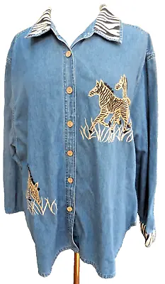 Buy CST BLUES Zebra Embroidery Pictures Denim Jacket/Shirt Blue 90s, 2XL Unique • 40£