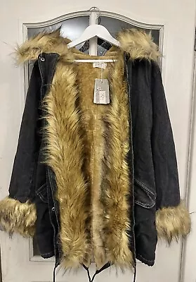 Buy Ladies Black Denim Coat Faux Fur Lined Jacket Size 12 Small • 14.99£