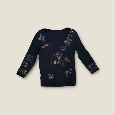 Buy Vintage Chico’s Love Peace Embroidered Beaded Top Black • 15.63£