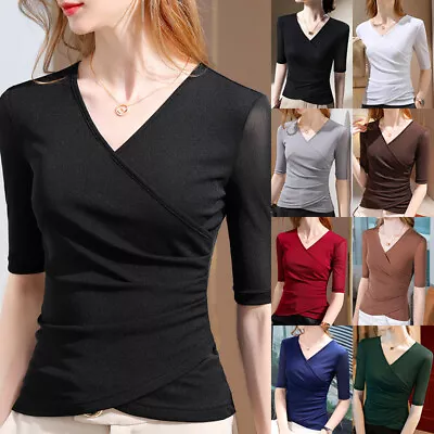 Buy Women's Mesh Solid Half Sleeve Wrap Style T-Shirt Basic Top Size S-3XL • 15.36£