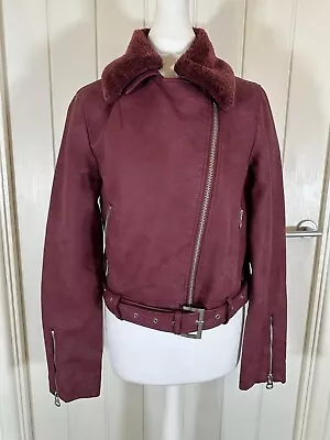 Buy NEXT Outerwear Women Faux Leather Jacket Size 12 Burgundy Red Fur Collar • 14.99£