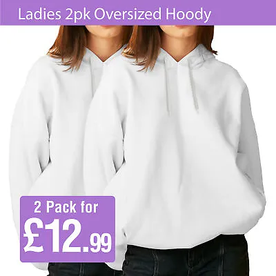 Buy Ladies Oversized Hoodie Pullover 2PK Hooded Sweatshirts Fleece Hoody White S-XL • 12.99£