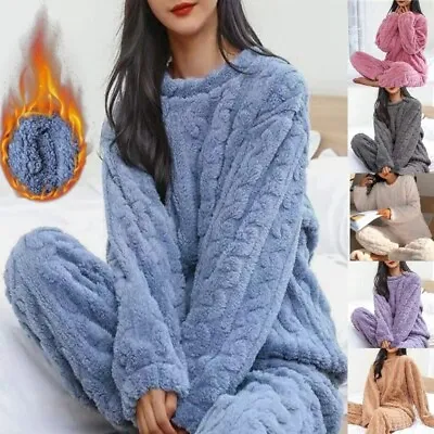 Buy Womens Fleece Pyjama Set Soft Warm Crew Neck Top Pants Loungewear Nightwear Uk • 9.69£