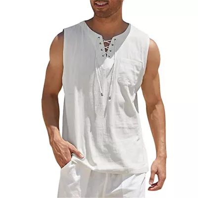 Buy Men's Casual Sleeveless Vest V-neck Loose Fitting T-Shirt Tops Lace Up Shirts • 7.99£