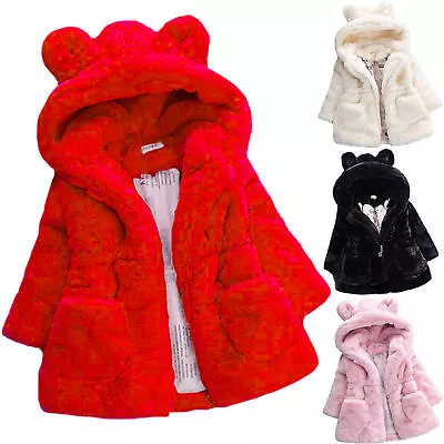 Buy Kids Girls Winter Fleece Faux Fur Bunny Ears Coat Hooded Jacket Outwear Tops UK • 14.59£