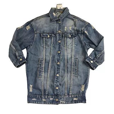 Buy Red Seventy Mens Distressed Denim Jacket Blue Size Large Trucker Coat Pockets • 18.95£